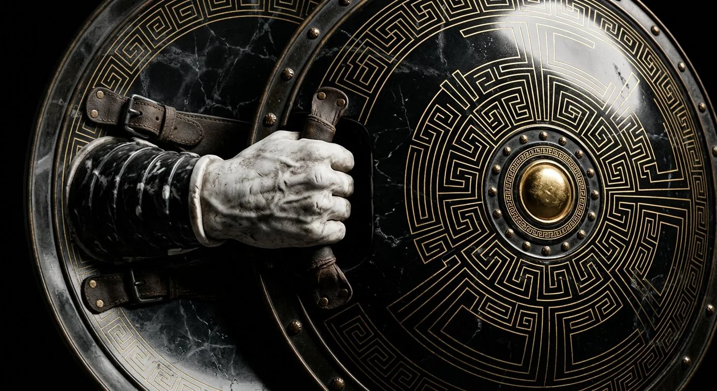 Marble hand holding a black and gold shield