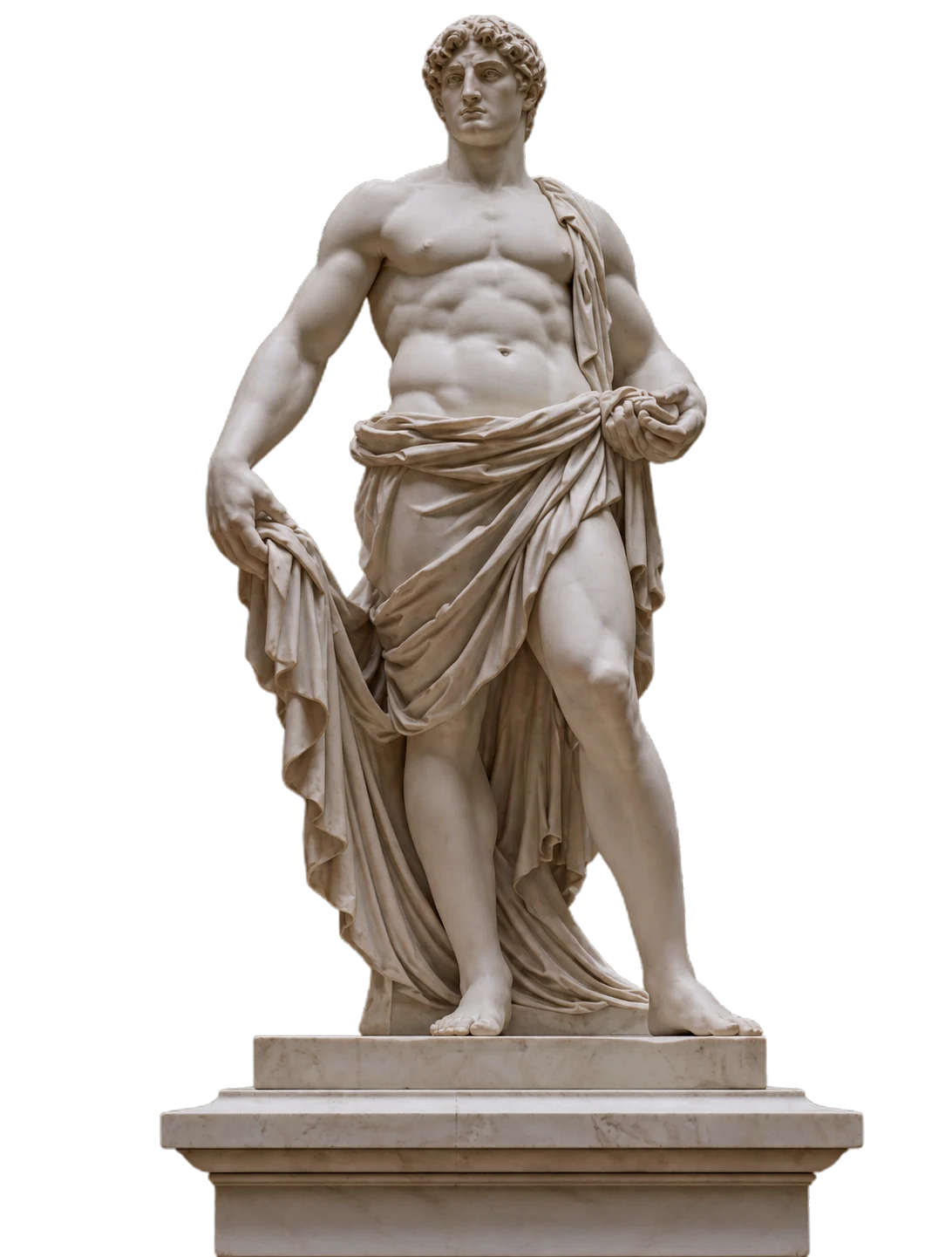 Marble statue of a standing Trojan warrior in a museum hall